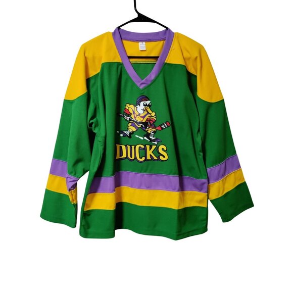 NWOT Mighty Ducks Dean Portman #21 D2 V-Neck Hockey Jersey Green/Yellow Men's S - Picture 1 of 9